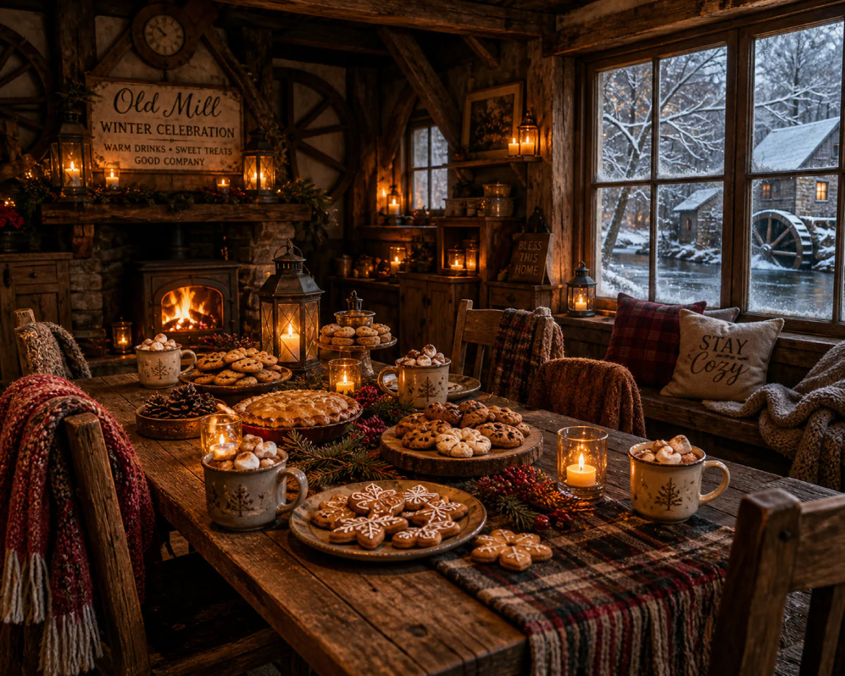 A cozy candlelit Old Mill interior with a wooden table full of cookies, pies, and hot chocolate during a winter solstice celebration.