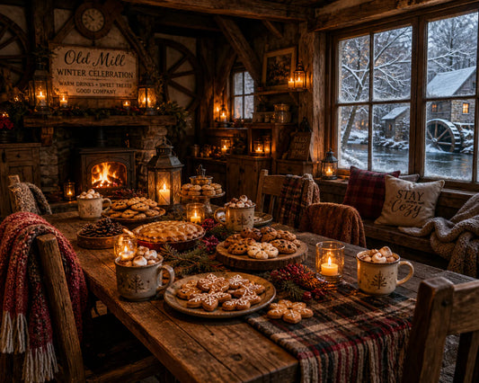 A cozy candlelit Old Mill interior with a wooden table full of cookies, pies, and hot chocolate during a winter solstice celebration.