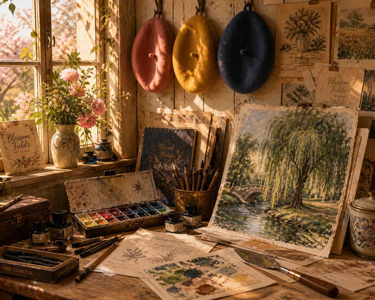 A cozy art studio with colorful berets, paints, brushes, and a half-finished weeping willow painting glowing in warm afternoon light.