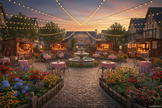 Blossom Fields Town Square with cobblestone paths, flower gardens, café seating, artisan stalls, and warm string lights at dusk