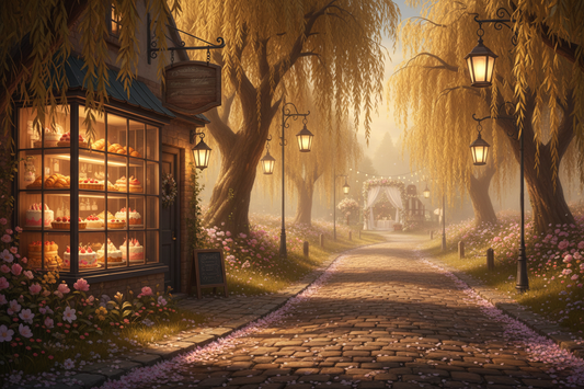 A cozy collage of Blossom Fields featuring a bakery, wedding music setup, ballet details, and a quiet library corner.