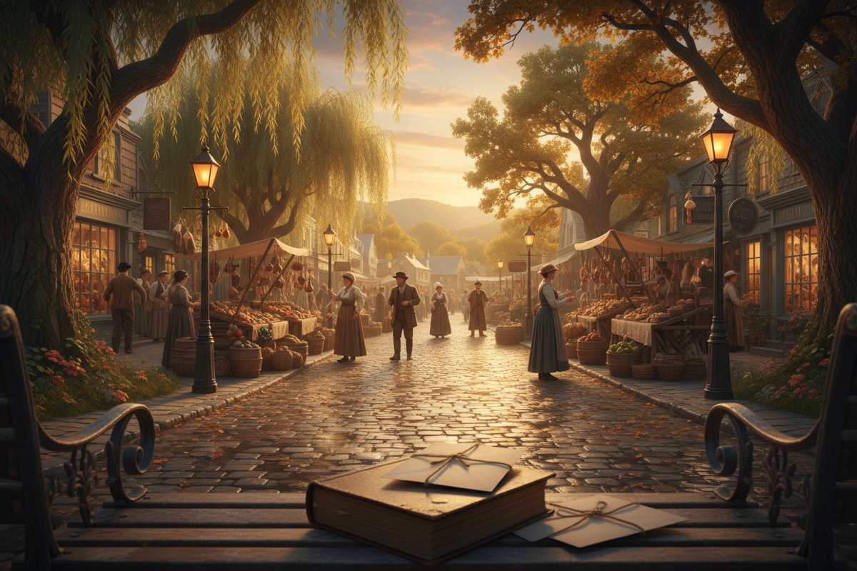 Cobblestone streets and willow trees symbolizing the eternal threads of Blossom Fields
