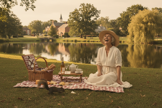 A whimsical park picnic scene with a checkered blanket, wicker basket, finger sandwiches, binoculars, a tipped rowboat, and a mischievous squirrel near the lakeside.