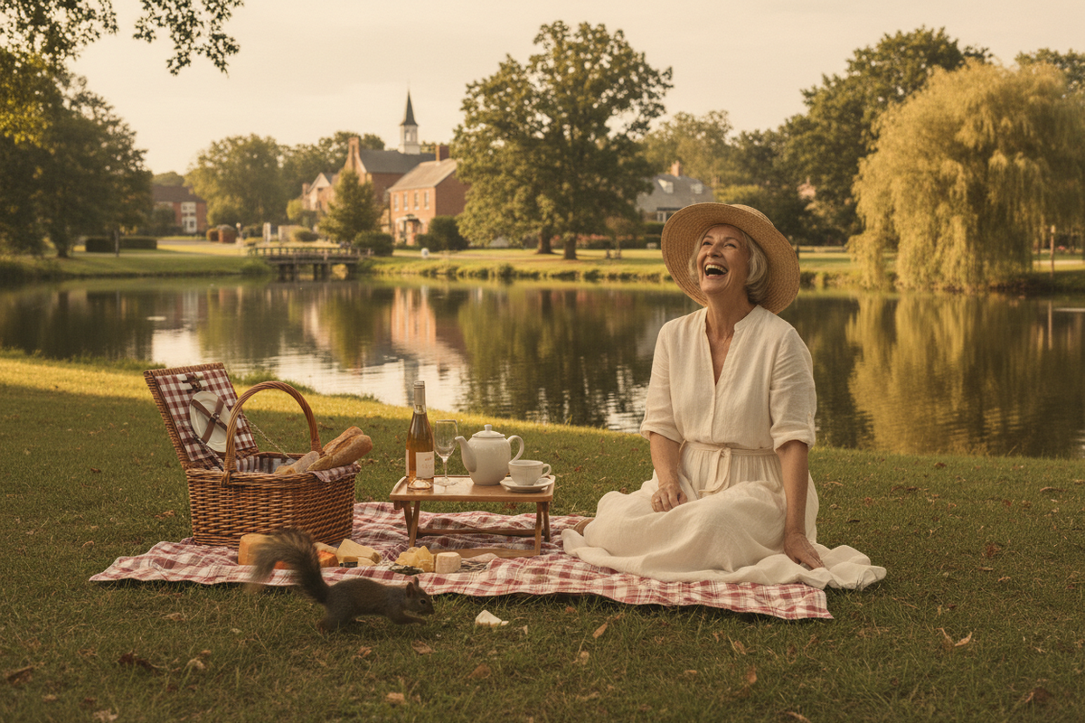 A whimsical park picnic scene with a checkered blanket, wicker basket, finger sandwiches, binoculars, a tipped rowboat, and a mischievous squirrel near the lakeside.