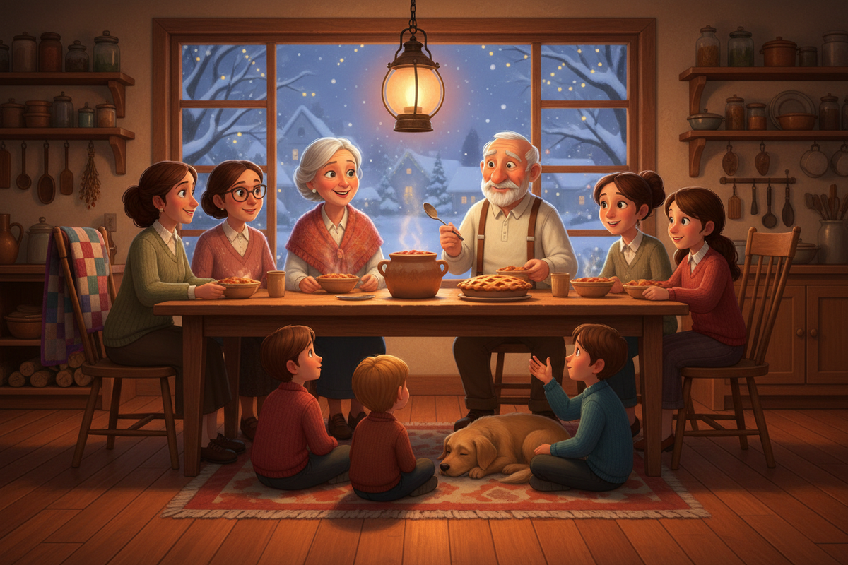 Thompson family serving warm meal and sharing stories in a cozy Blossom Fields home