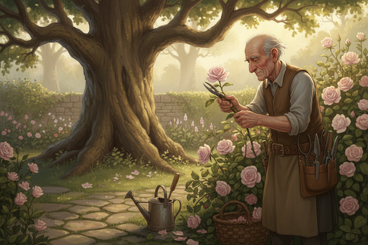 Old Tom tending a blush heirloom rose bush in Blossom Fields garden beneath an ancient oak tree