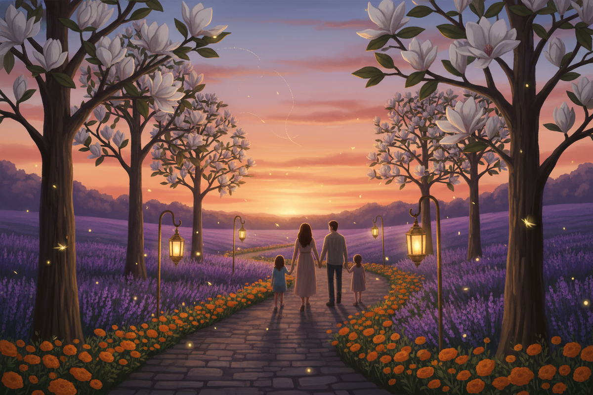 A dreamy Blossom Fields garden with lavender, clematis arbors, marigolds, wildflowers, magnolia blossoms, a picnic blanket, and fireflies at dusk.