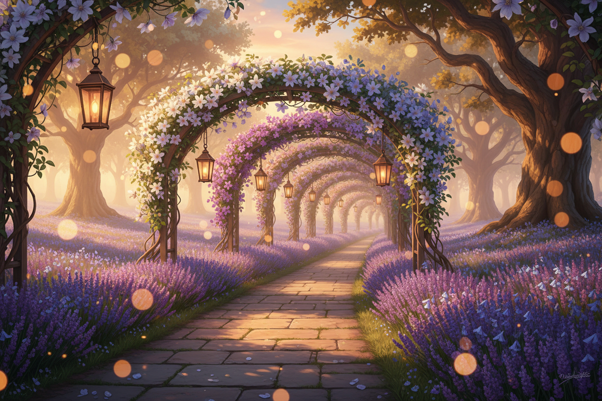 Blossom Fields Garden of Whispering Roses with lavender, arbors, and an heirloom rose at golden hour