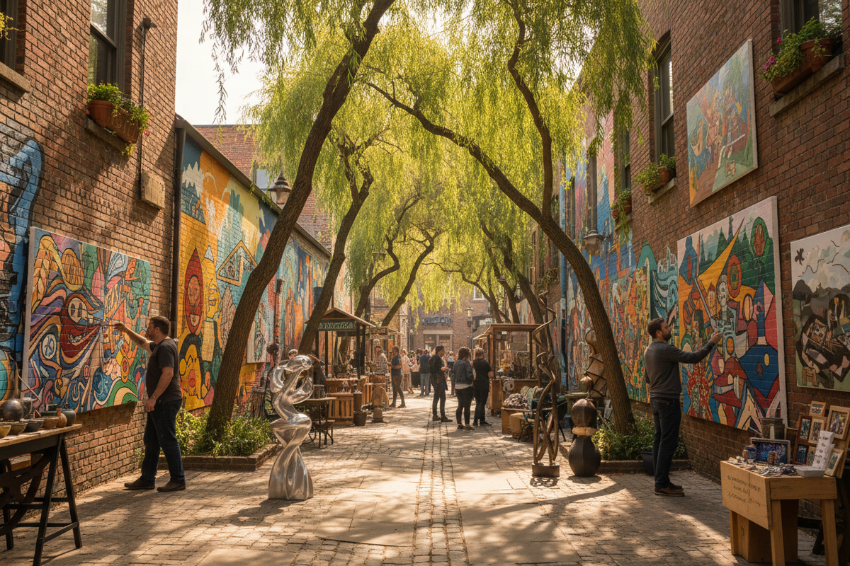 Vibrant murals and sculptures in Artisan Alley in Blossom Fields under willow shade