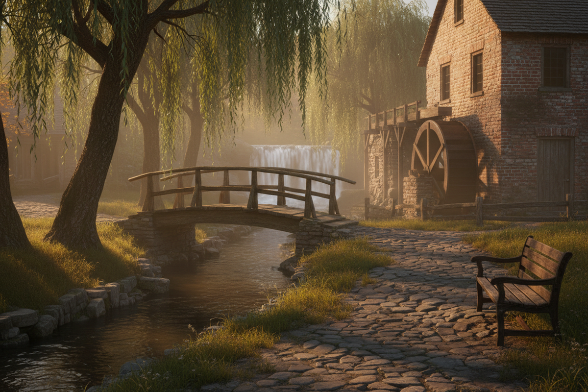 A storybook Blossom Fields scene with a wooden bridge, willow-shaded bench, waterfall, and the Old Mill glowing in warm light.