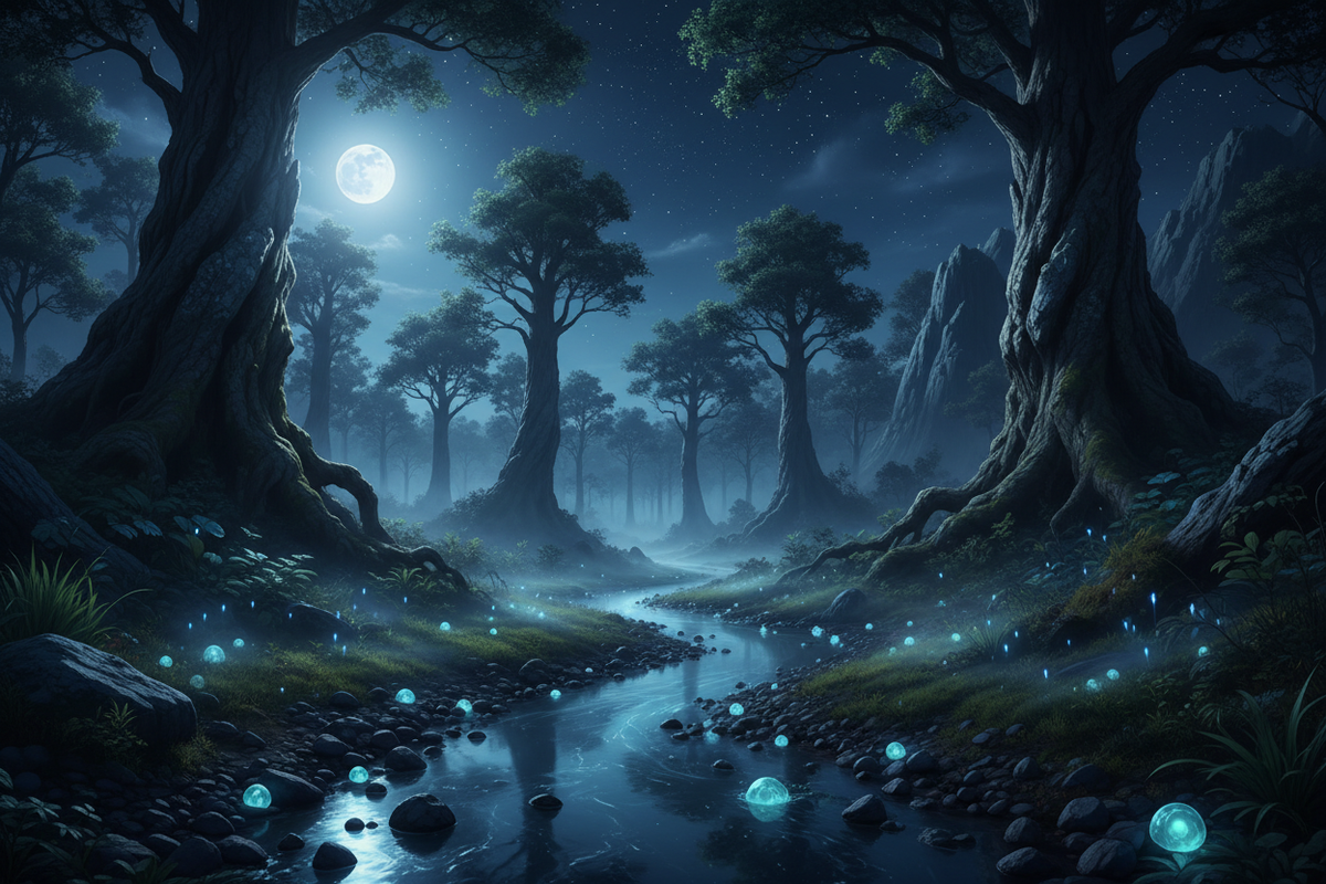 Deep in the forest, tiny stars hide underfoot—waiting for the brave to look inward.