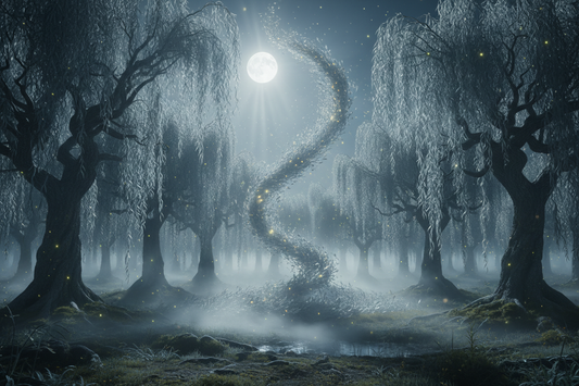 A moonlit legend in Blossom Fields: willow leaves dance, storytellers gather, and wonder returns to those who still believe