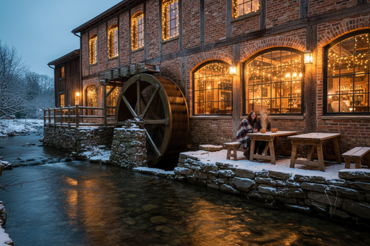 The Old Mill Cafe in Blossom Fields glowing with string lights beside an old water wheel