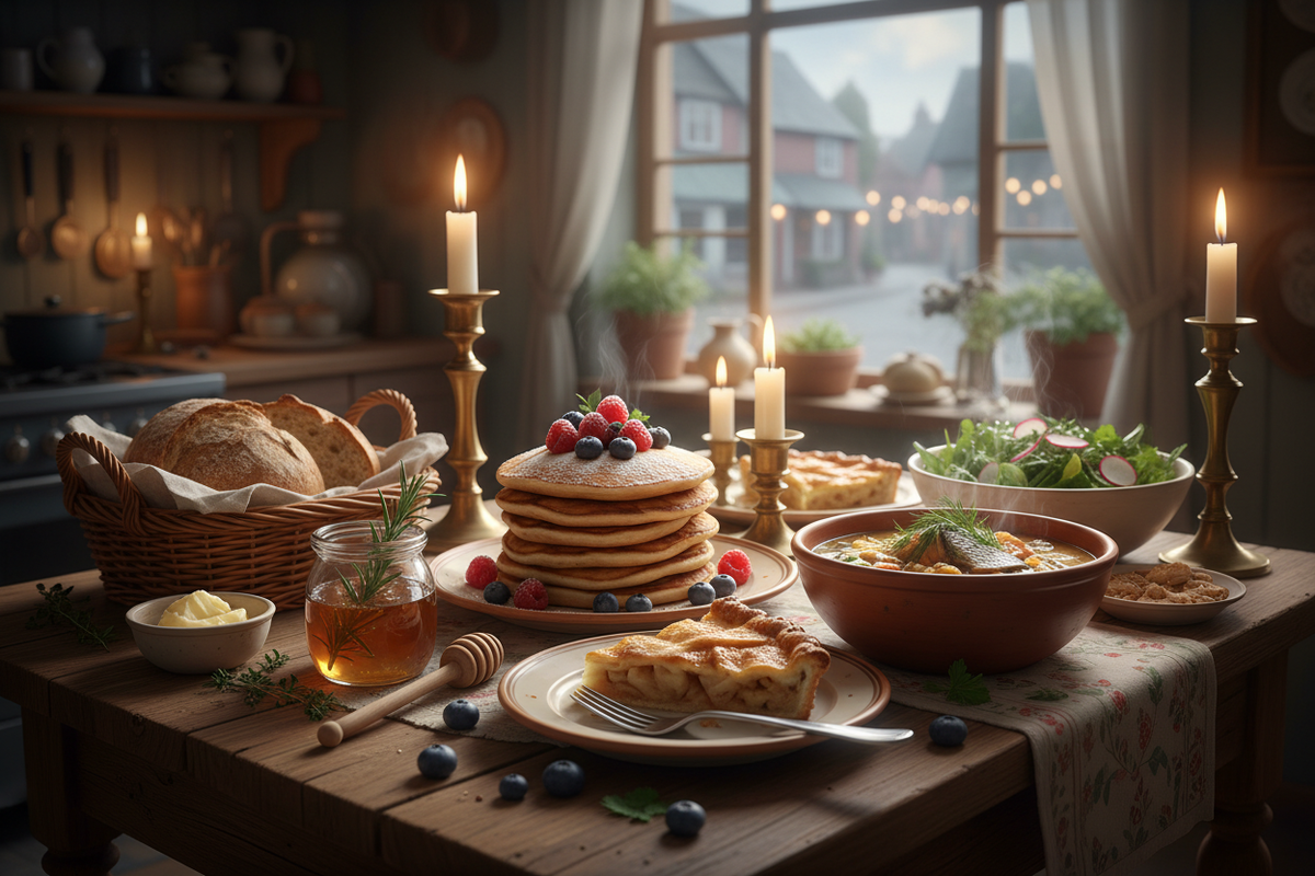 Farm-to-table meal spread in Blossom Fields with seasonal ingredients and warm cafe light