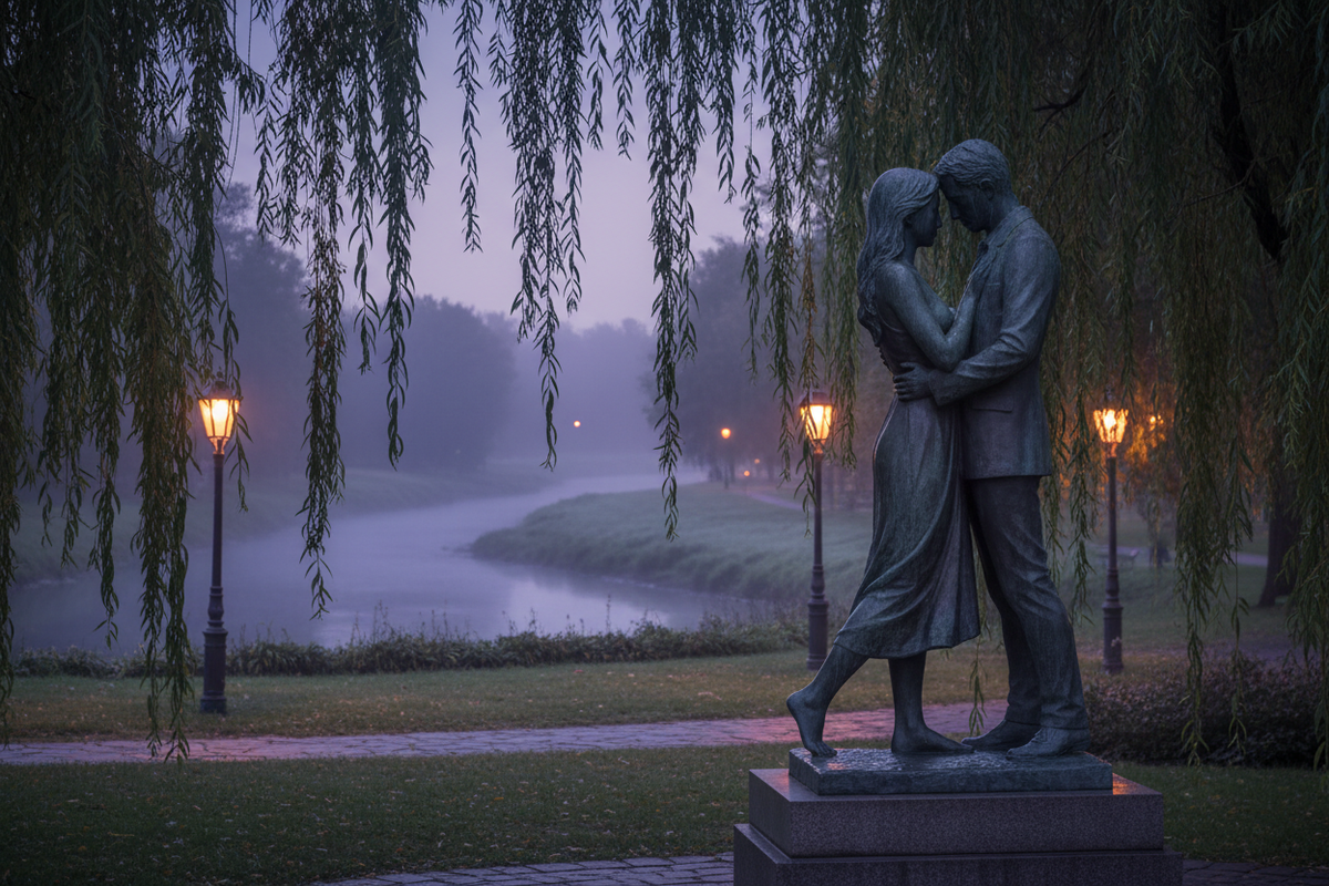 Bronze couple embrace statue beneath weeping willows in a Blossom Fields park