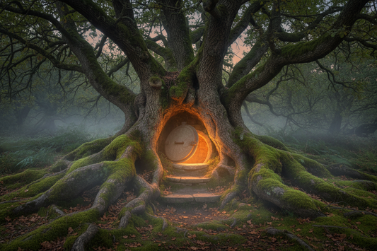 A hidden stone hatch between oak roots opens to stairs with lantern light glowing from below.