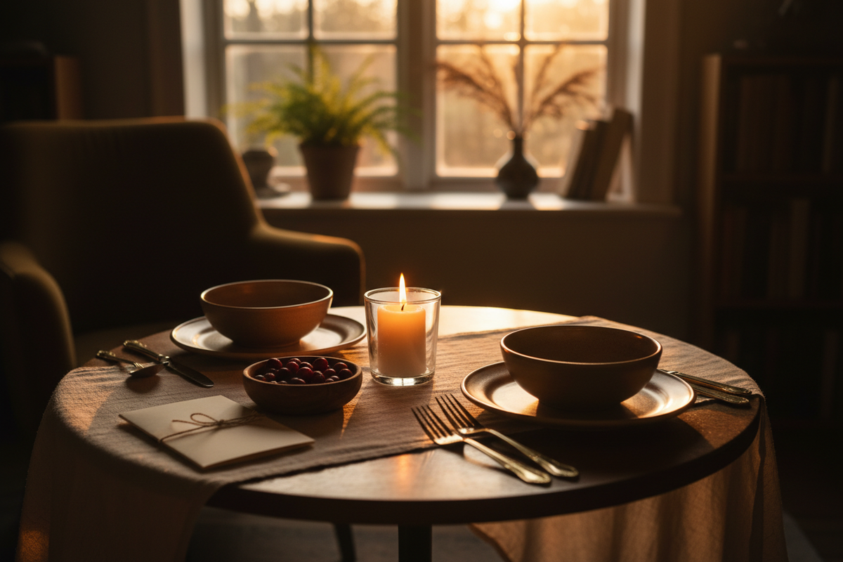 A cozy table set for two with candlelight and a small note, suggesting planned quality time.