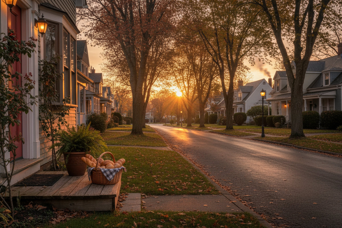 A warm sunset neighborhood scene with a basket of baked goods left on a doorstep in Blossom Fields.