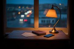 A cozy desk at night with a sealed letter, notebook, and warm lamp glow, showing a long-distance love routine.