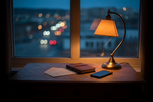 A cozy desk at night with a sealed letter, notebook, and warm lamp glow, showing a long-distance love routine.