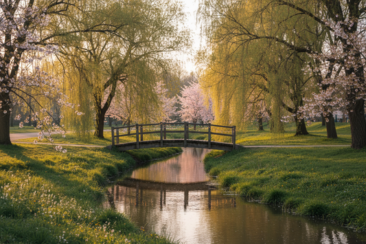 A wooden bridge over a creek beneath weeping willows in Blossom Fields Park at sunset