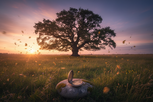 A vintage locket near a grand oak at dusk, suggesting a heartfelt moment of trust and love.