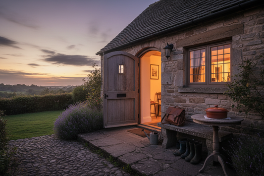 A cozy cottage at dusk with warm window light and a travel satchel by the door in Blossom Fields.