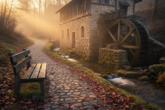 A quiet wooden bench near a rustic old mill at golden hour, suggesting calm conversations and community support.