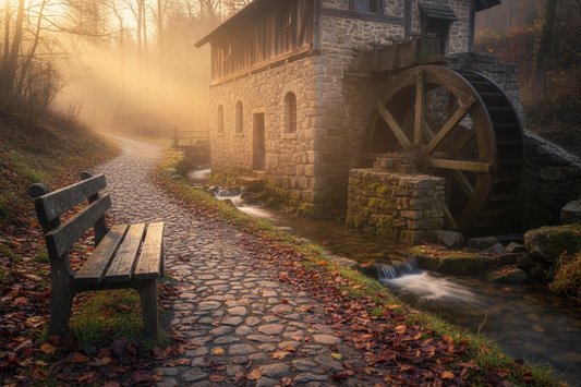 A quiet wooden bench near a rustic old mill at golden hour, suggesting calm conversations and community support.