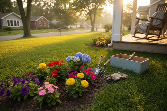 newly planted welcome flower garden with gardening tools and a toolbox, showing neighbors offering help with repairs and care.