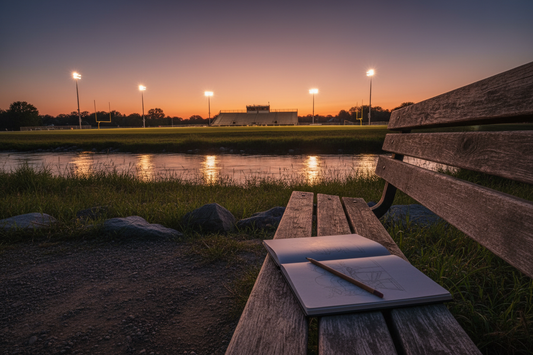 A quiet riverside path near a football field at dusk with a sketchbook and pencil on a bench.