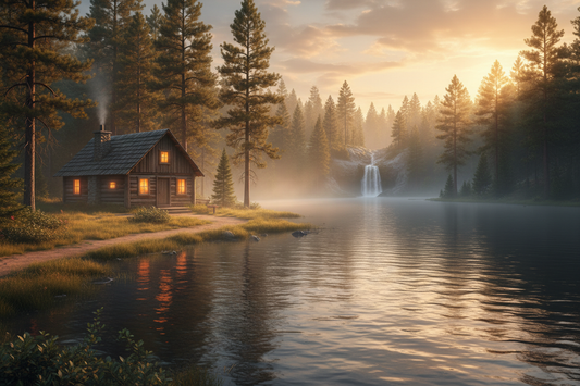 A rustic lakeside cabin in a pine forest near a calm lake and a hidden waterfall at sunset.