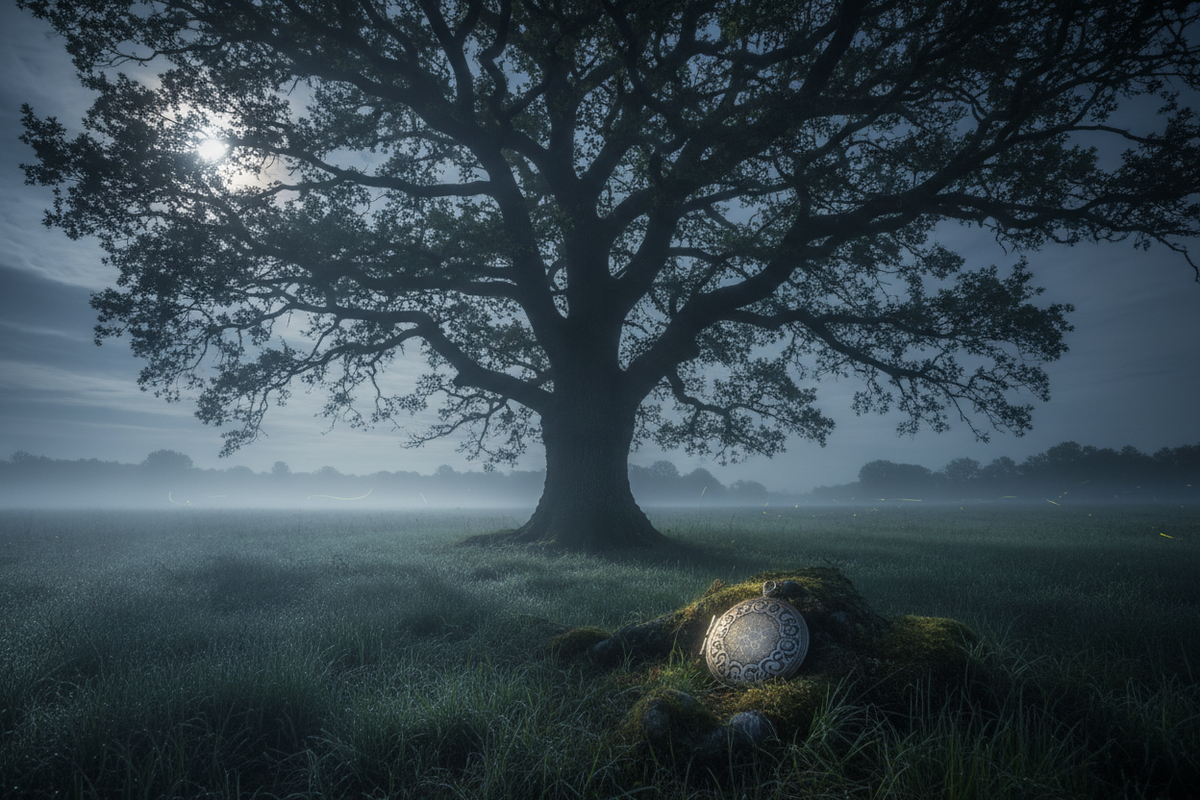 A vintage locket in moonlight near the roots of a grand oak tree in a quiet meadow.