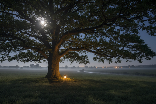 A moonlit meadow with a massive oak tree and lantern glow near a distant river.
