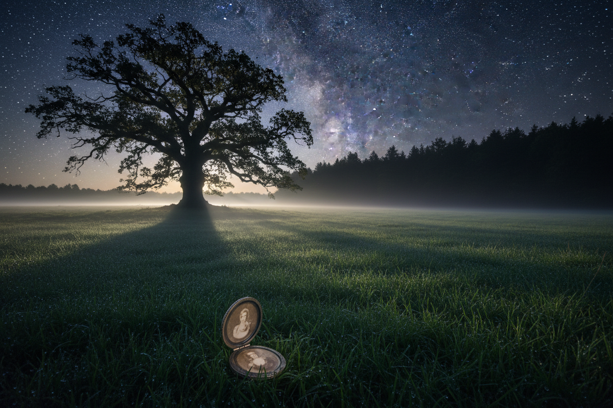 A vintage locket in moonlight near a grand oak by a forested meadow at night.