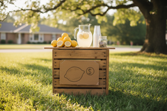 A homemade lemonade stand setup with lemons, cups, and a tip jar in a sunny yard.