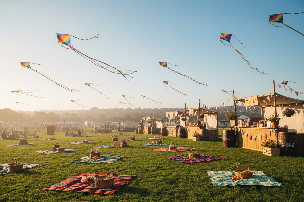 A sunny park festival with kites, picnic blankets, and food stalls during a community event in Blossom Fields.