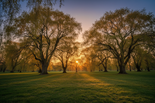 Giant weeping willow trees at sunset in Weeping Willow Park in Blossom Fields.