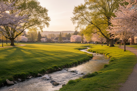 A sunlit creek and open field at Blossom Fields Park with shaded trees and walking paths.