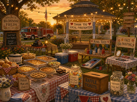 A cozy Blossom Fields park potluck and mini fair at sunset with food tables, raffle box, game booths, firefighter thank-you banner, and warm string lights.
