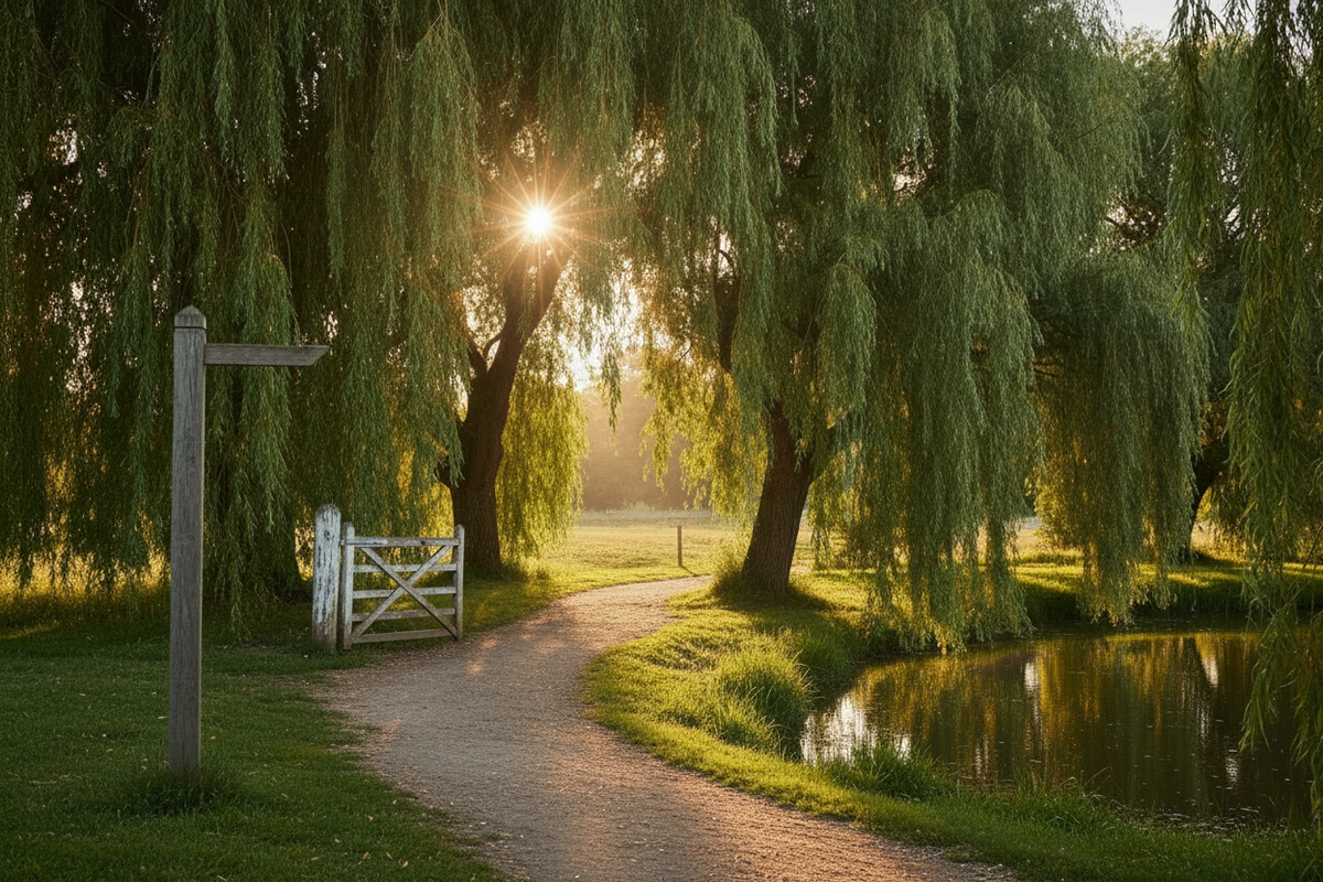 Sidney and Sapphire enter Weeping Willow Park in Blossom Fields under whispering willows.