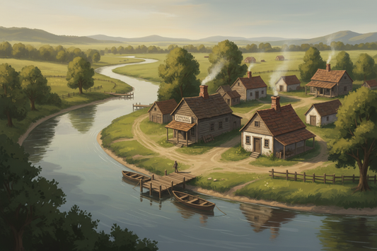 Riverfront view and early town roots of Blossom Fields