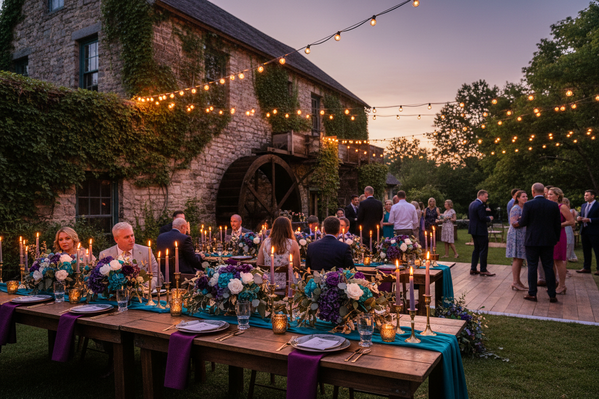 Teal and purple wedding reception setup in the Old Mill backyard with string lights and candlelight
