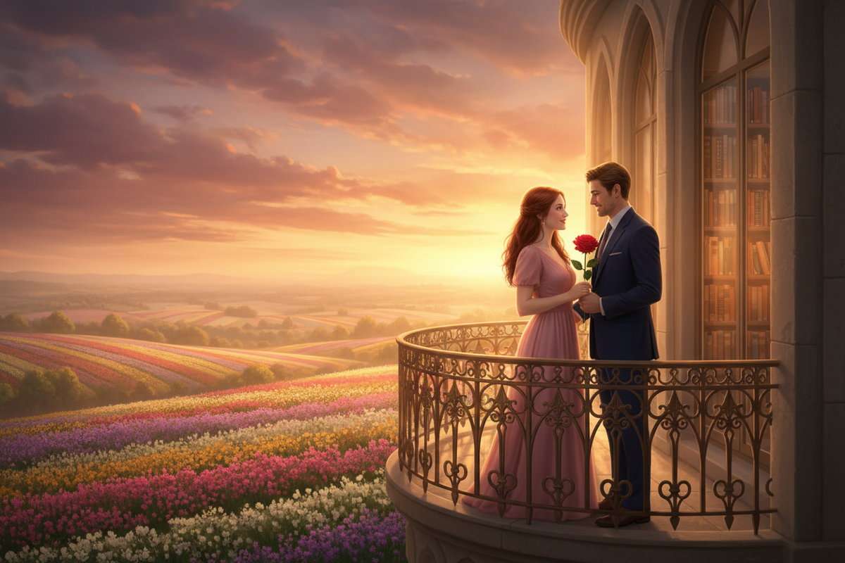 “Salena and Mr. Johnson on a library balcony at sunset holding a rose above Blossom Fields.”