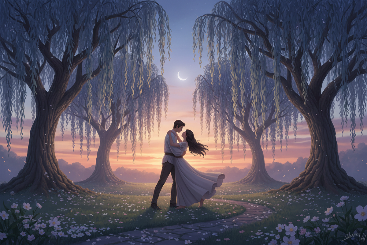 Sidney and Sapphire dancing under weeping willows in Blossom Fields Park at twilight with soft moonlight and warm dusk colors