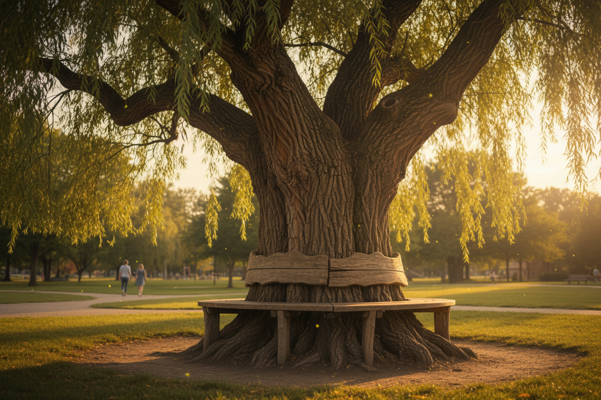 The Storyteller’s Bench Beneath the Willows
