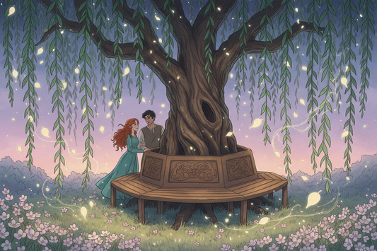 Sidney and Sapphire wander into Weeping Willow Park in Blossom Fields. The willows whisper, the storyteller bench waits, and old memories glow