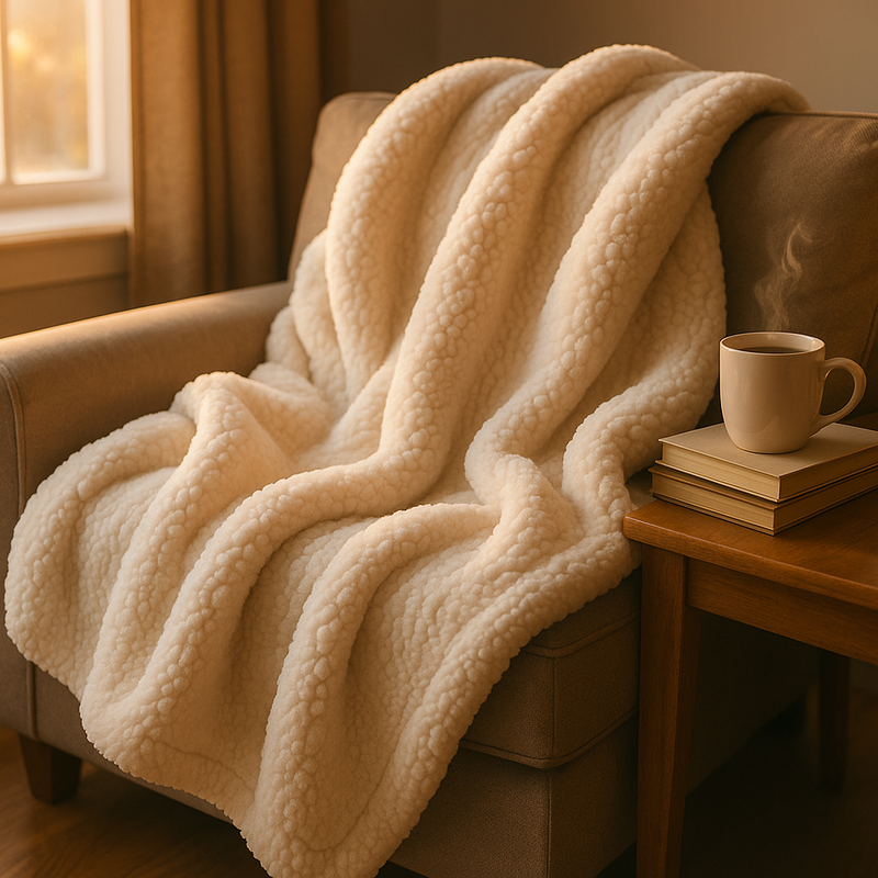 Cream colored ultra-soft sherpa fleece throw blanket draped over a cozy armchair. Warm and textured home decor bedding with coffee and books in a relaxing living room setting.
