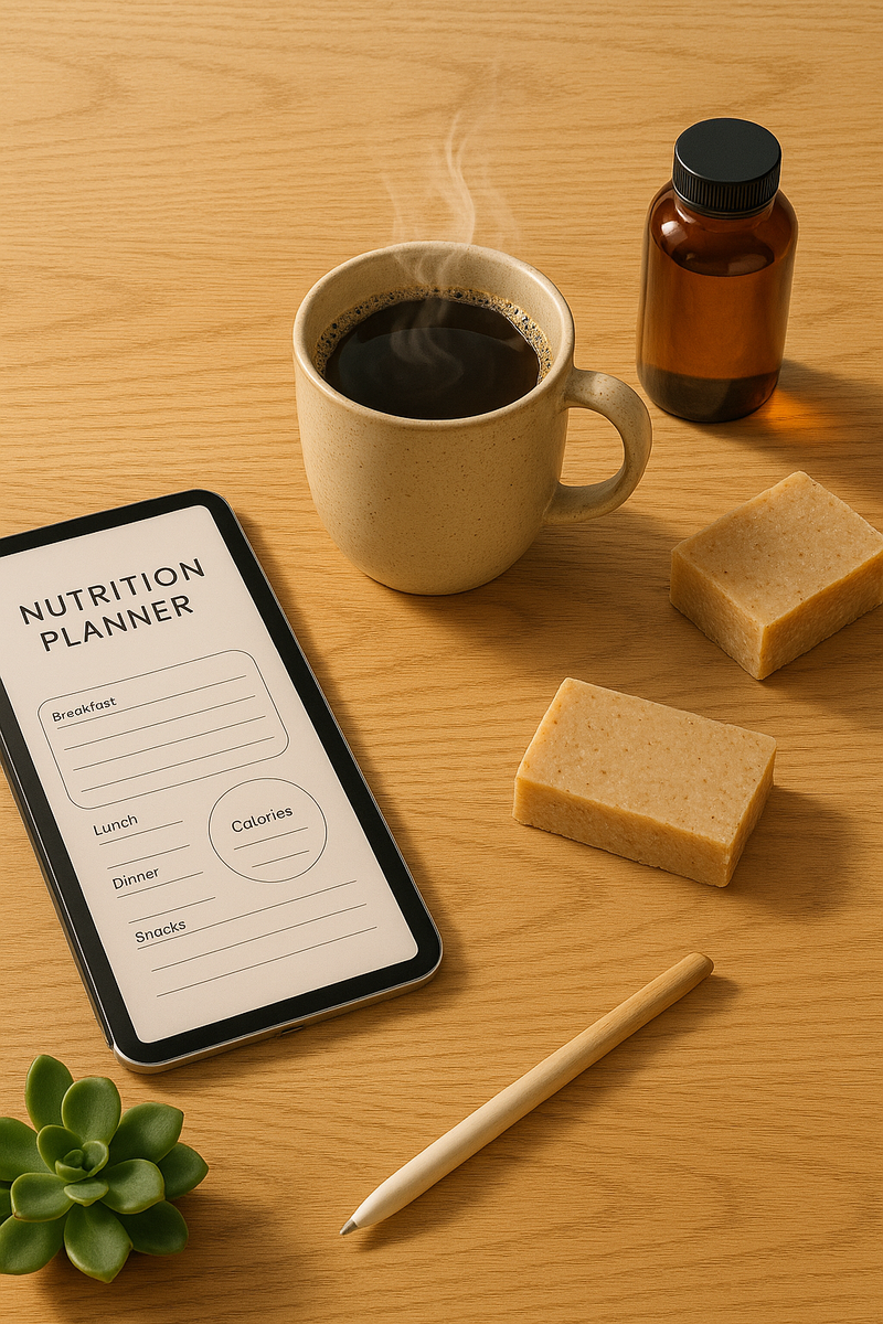 Morning wellness routine flat lay featuring Vitality Blend coffee, digital nutrition planner on tablet, and natural skincare products on a wooden desk.