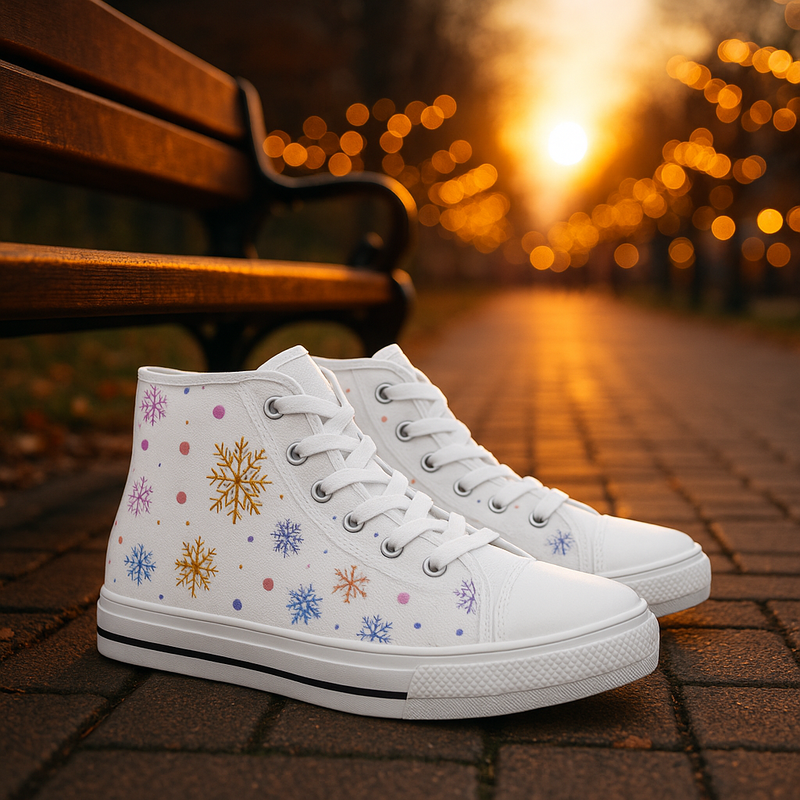 High-top canvas sneakers featuring a winter snowflake pattern in blue, purple, and gold. Durable rubber sole footwear for the holiday season.